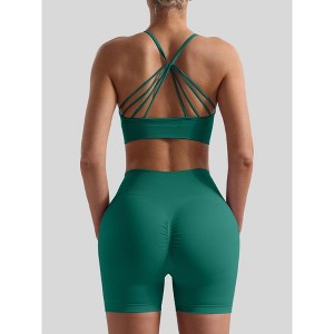 Women Seamless Breathable Yoga Wear Two-Piece Set Solid Shoulder Strap Sports Bra High-Waisted Shorts Set - 1 of 1