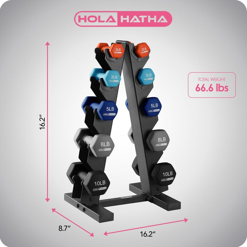 HolaHatha 2, 3, 5, 8, and 10 Pound Neoprene Coated Grip Hexagon Dumbbell Weight Set with Storage Rack Stand for Various Strength Training Workouts, 4 of 9