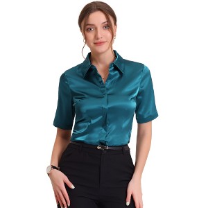 Allegra K Women's Casual Short Sleeve Satin Work Business Workwear Button Down Shirt - 1 of 4