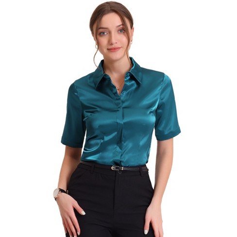 Allegra K Women\'s Casual Short Sleeve Satin Work Business Workwear Button  Down Shirt : Target