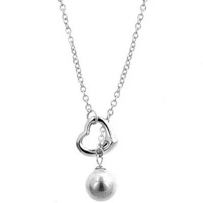 ShineHigh Heart Pearl Drop Pendant Necklace – 18-Inch Rhodium-Plated Chain with Crushed Shell Pearl and Open Heart Charm for Women