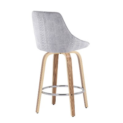Zebra Wood and Grey Corduroy Swivel Counter Stools, Set of 2