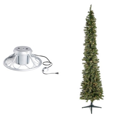 Home Heritage 1-1.75" Christmas Tree Base Rotating Metal Stand with Stanley 9' Skinny Pencil 350 Pre-Lit White Lights Artificial Christmas Tree