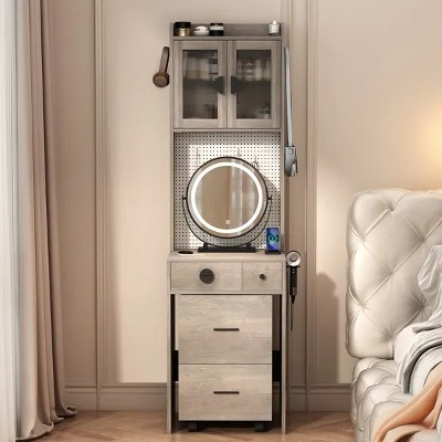 Small Vanity Desk with Mirror and LED Lights, Makeup Table with Charging Station and drawers and Storage Shelves for Small Space