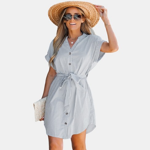 Women's Belted Striped Button-front Dress- Cupshe : Target