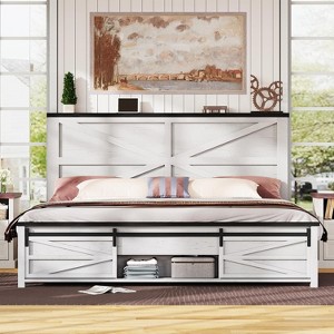AMERLIFE Farmhouse Size Bed Frame with Sliding Barn Door Storage - 1 of 4