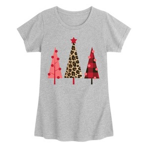 Girls' - Instant Message - Leopard Print Christmas Trees Fitted Short Sleeve Graphic T-Shirt - 1 of 4