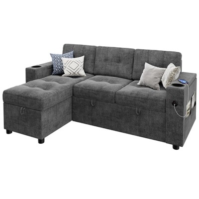 Sofa Bed, 84 Inch Sleeper Sofa with Pull Out Bed and Charging Ports, L Shaped Couches for Living Room with 2 Storage Armrests and 2 Cup Holders