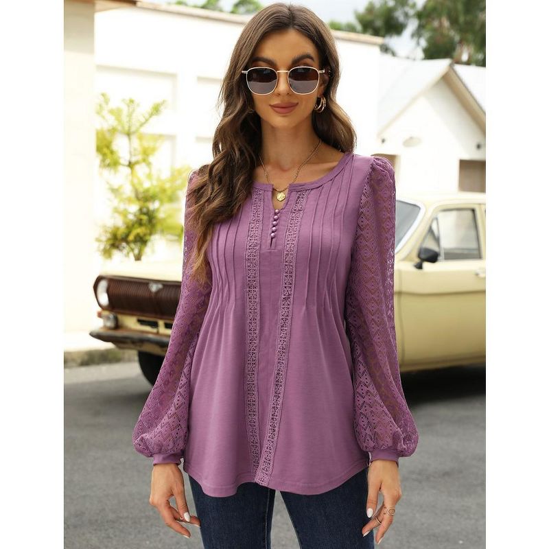 Women’s Crewneck Lace Crochet Eyelet Tops Long Sleeve Pleated T Shirts Casual Tunic Blouses, 1 of 7