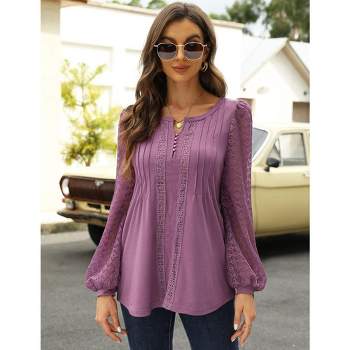 Women’s Crewneck Lace Crochet Eyelet Tops Long Sleeve Pleated T Shirts Casual Tunic Blouses
