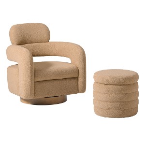 WestinTrends Alexandria Mid-Century Modern Faux Shearling Swivel Barrel Accent Chair With Storage Ottoman - 1 of 4