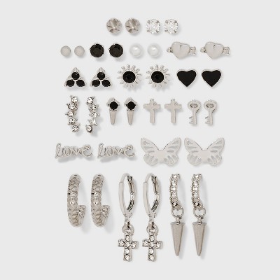 Mixed Cross and Butterfly Earring Set 18pc - Wild Fable™ Silver: Iron, Glass, Nickel-Free, Zinc Alloy
