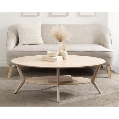 Natural Wood Oval Coffee Table with Storage and Sculptured Legs