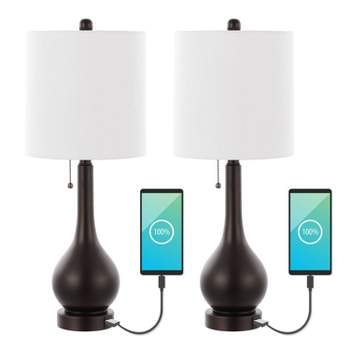 (Set of 2) 24" Tyler Gourd Iron LED Table Lamps with Pull-Chain with Dual USB Charging Port - JONATHAN Y