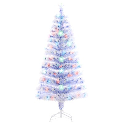 HOMCOM 5 FT Pre-Lit Douglas Fir Artificial Christmas Tree with 180 Tips 20 Fiber Optic / LED Lights and 8 Pre-Programmed Settings, White/Blue