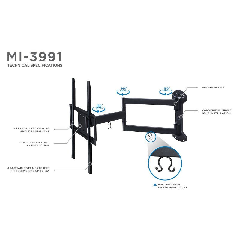 Mount-It! Full Motion TV Wall Mount | Long Arm TV Mount with 24 Inch Extension | Fits 32 to 55 Inch TVs with Up to VESA 400 x 400, 77 Lbs. Capacity, 4 of 9