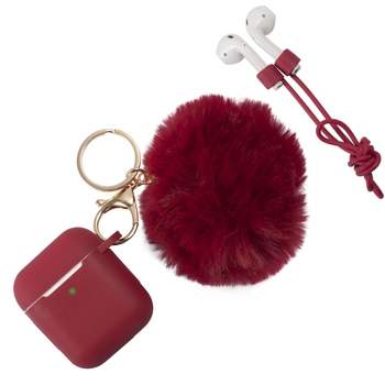 Insten Cute Case Compatible with AirPods 1 & 2 - Fluffy Pom Pom Protective Silicone Cover with Keychain, Wine Red