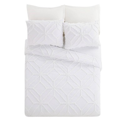 King White Cotton Tufted Trellis 3-Piece Bedspread Set