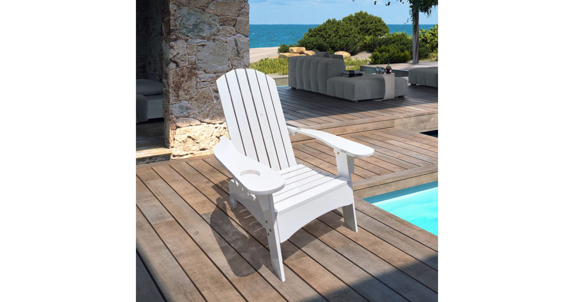 Aghana Digitals White Hardwood Adirondack Chair - Indoor/Outdoor Use, Umbrella Hole, Sloped Seat, White 11.81x22.83x33.46 in
