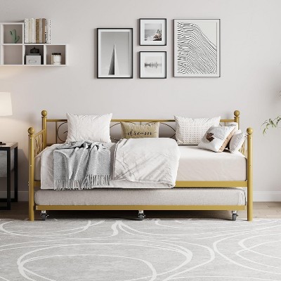Nasitip Daybed with Trundle Bed, Twin Metal Day Bed with Floral Headboard,Pull-Out Trundle, Heavy Duty Steel Slats Supports,Gold