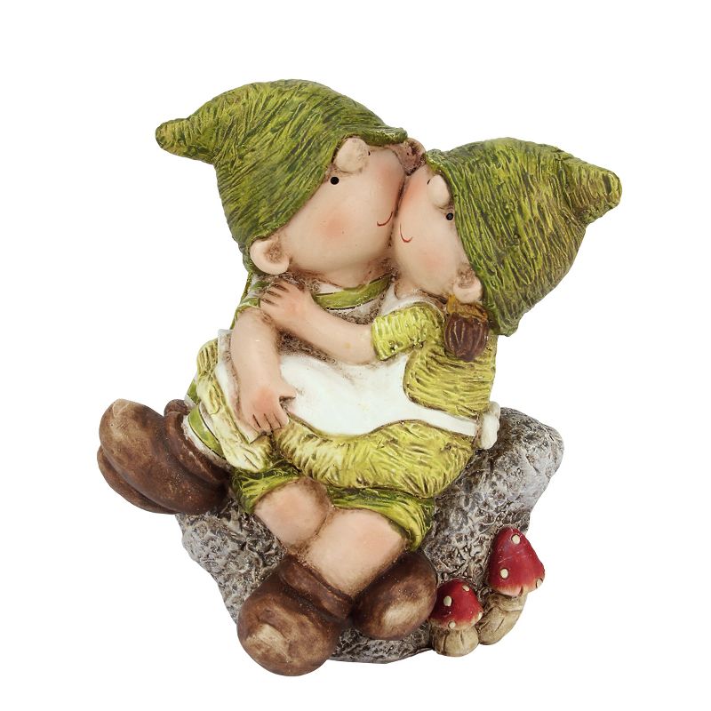 Northlight 7.25" Spring Boy and Girl Gnomes on Stone Outdoor Patio Garden Figure - Green/White, 1 of 2
