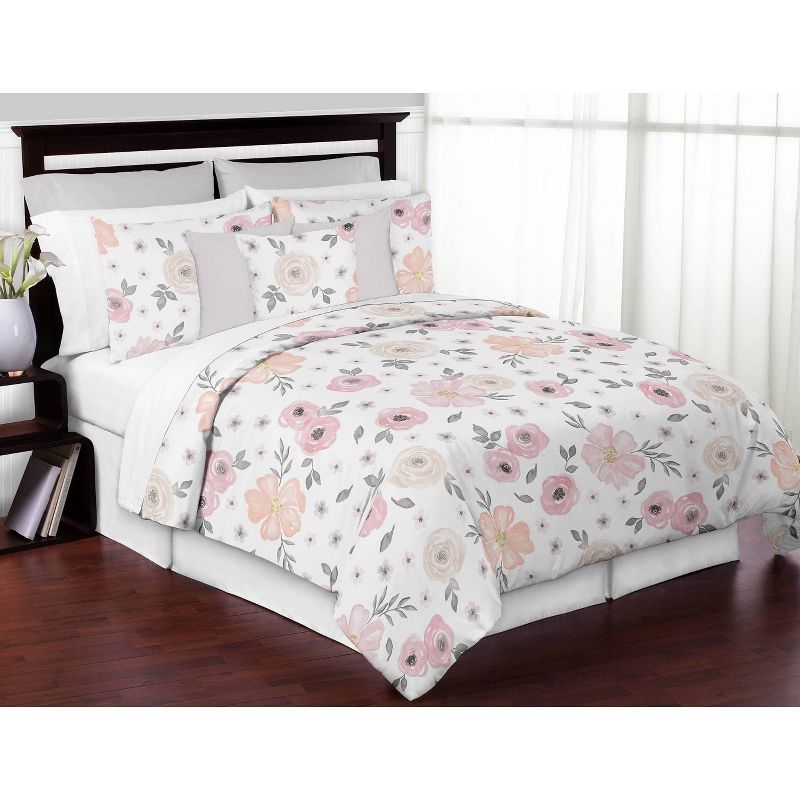 4pc Watercolor Floral Queen Kids&#39; Sheet Set Pink and Gray - Sweet Jojo Designs, 3 of 5