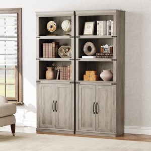 5 Tier Bookcase with Cabinet Doors, Farmhouse Bookshelf 68.7" Tall, Wooden Storage Shelf for Home Office, Living Room, Grey/White/Dark Oak - 1 of 4