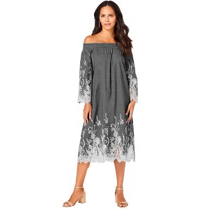 Roaman's Women's Plus Size Eyelet Off-The-Shoulder Dress - 1 of 4
