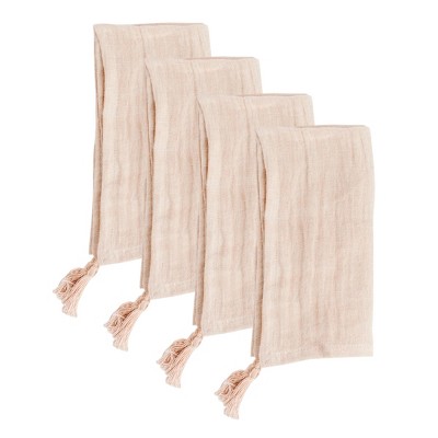 Slickblue Stone Washed Linen Blush Dinner Napkins, Tassel Detail Cloth Napkin Set, 20x20 Inch, Various Set Options