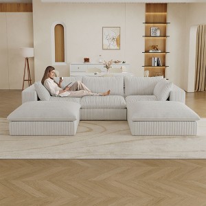 118.2" Blue Corduroy Fabric DIY Combination Cloud Sofa Deep Seat Couches with 2 Ottomans Double-layer design Removable Cushion No Assembly - 1 of 4
