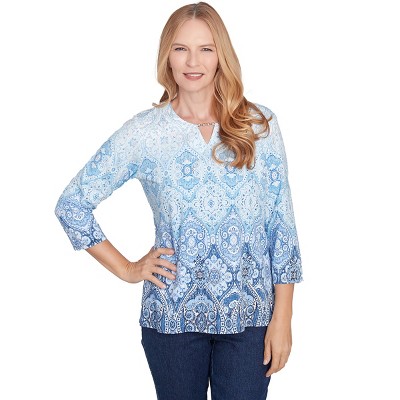 Alfred Dunner Womens Split Beaded Neck Ombre Medallion Top