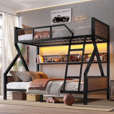 JUJABU Twin XL over Full Metal Bunk Bed with Storage Shelves, Lights, Space-Saving & Noise-Free - Black