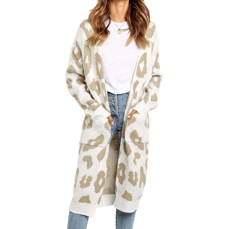 Anna-Kaci Women's Long Sleeve Leopard Print Cardigan Open Front With Pockets, 1 of 6