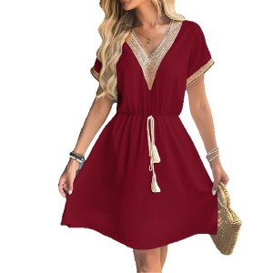 holiday dresses for short women Women V Neck Short Sleeve Drawstring Ruffle Mini Dress Holiday Beach A-Line Dresses