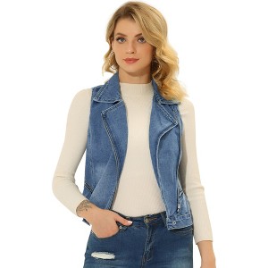 Allegra K Women's Sleeveless Moto Zip Up Classic Jeans Denim Vest - 1 of 4