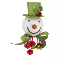 Melrose 9" Glittered Snowman Head with Green Top Hat and Bow with Bells Christmas Ornament