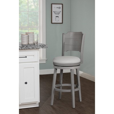 Clarion Distressed Gray Wood Swivel Barstool with Fog Gray Upholstery