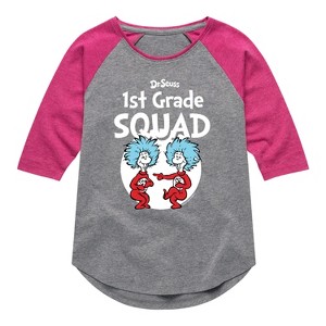 Girls' - Dr. Seuss - 1st Grade Squad Thing 1 and Thing 2 Shirt Tail Raglan Graphic T-shirt - 1 of 4