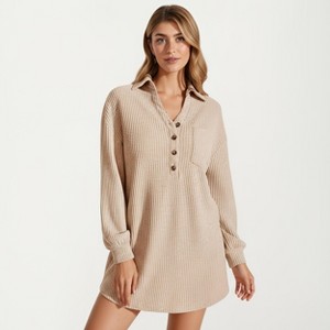 Anna-Kaci Women's Waffle Knit Long Sleeve Shirt Dress with Button Front and Collared Neckline - 1 of 4
