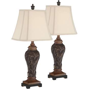 Barnes and Ivy Traditional Leafwork Table Lamps 29 1/4" Tall Set of 2 Bronze Vase Light Tan Cut Corner Rectangular Shade for Bedroom Living Room Home