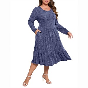 Coolmee Women's Plus Size Dresses Round Neck Long Sleeve Casual Midi Dress with Pockets - 1 of 4