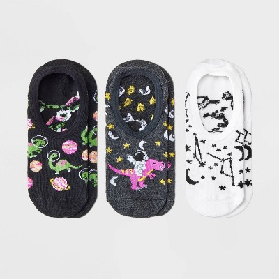 Women's Space Dinosaurs 3pk Liner Socks - Charcoal Heather/White/Black 4-10: Knit Midweight, Hidden Gel Heel Grip