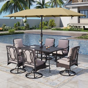 Captiva Designs 8pc Patio Rectangle Steel Dining Table & Rattan Chairs & Market Umbrella - 1 of 4