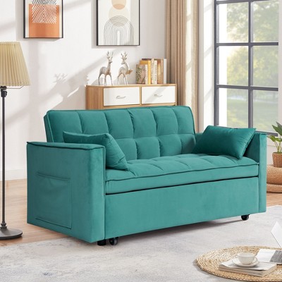 Okak Modern Comfy Velvet Convertible Sleeper Sofa Bed with Adjustable Backrest & Side Pocket,Upholstered Loveseat Sofa Couch for Living Room