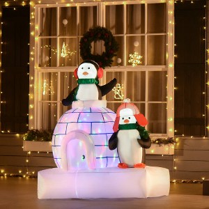 5 ft Lighted Christmas Inflatables Outdoor Decorations Penguins with a Scarf and Igloo, Rotating Colorful Light, Holiday Yard Christmas Decor - 1 of 4