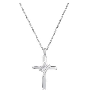 GILDED Small 14KT Yellow Gold Plated & Sterling Silver Natural Round-Cut Diamond Accent 3 Stone Cross Pendant with an 18 Inch Chain - 1 of 4