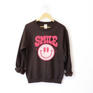 Simply Sage Market Women's Graphic Sweatshirt Pink Distressed Smiley - 1 of 2