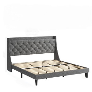 King Upholstered Platform Bed with Button Tufted Wingback Storage Headboard, Wood Slats, Charging Station, Noise-Free - 1 of 4
