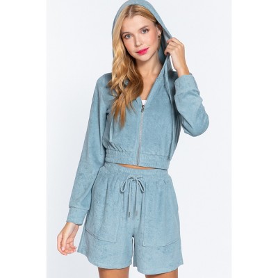 Slickblue Women's Terry Towelling Hoodie Jacket, Zip Up with Drawstring, Long Sleeve, Mocha/Olive/Stone Blue, Size S-L