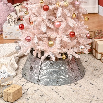 Silver Steel Christmas Tree Collar with Snowflake Print, 26" Base